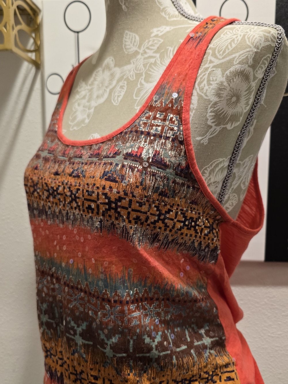 Express Orange Multicolor Patterned Sequin Tank